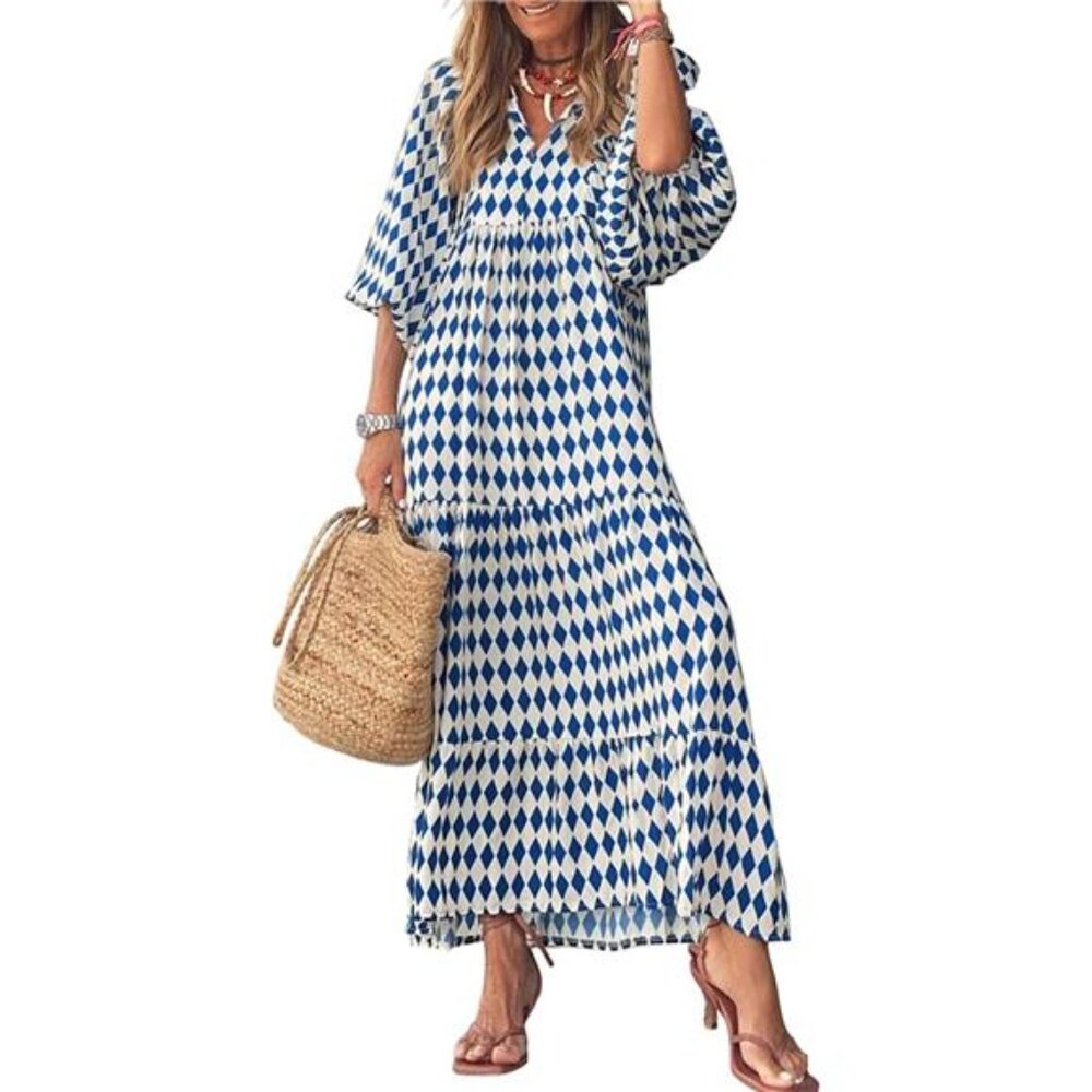Women's Loose Fit Casual Summer V Neck‎ Half Sleeve Bohemian Geometric Dresses